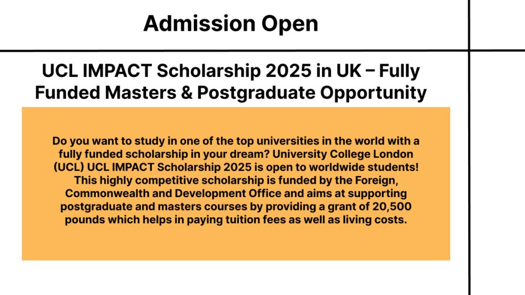 UCL IMPACT Scholarship 2025 in UK – Fully Funded